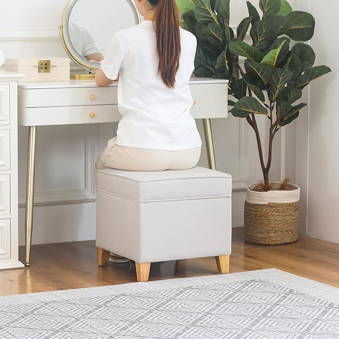 Adeco 17.5" Square Fabric Ottoman with Storage - Upholstered Cotton Linen Foot Rest - Flip Top Footstool with Sturdy Wood Legs, Small Cube Coffee Table Extra Seat for Living Room, Bedroom, White-CasaMuseHome