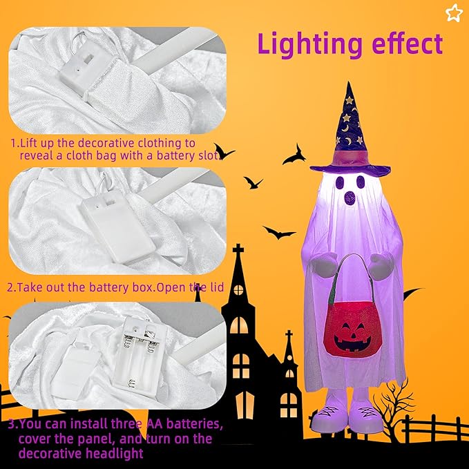 37" Cute Front Porch Light Up Halloween Ghost Décor, Kids Standing Trick or Treat Indoor and Outdoor Decorations-Star Moon-CasaMuseHome