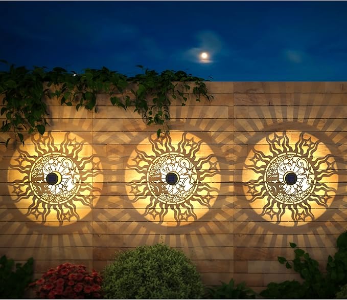 4 Pack Solar Fence Lights Metal Solar Powered Outdoor Wall Deck Lights Sun Moon Theme Waterproof Fence Light for Garden Post Patio Backyard Yard Decor (Face, 4 Pack)-CasaMuseHome