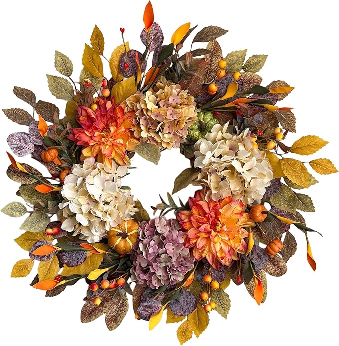 24Inch Fall Wreaths for Front Door,Fall Wreath with Beige Hydrangea,Orange Dahlia Artificial Flowers,Pumpkins,Autumn Wreaths for Harvest Thanksgiving Halloween Indoor Outdoor Home Decor-CasaMuseHome