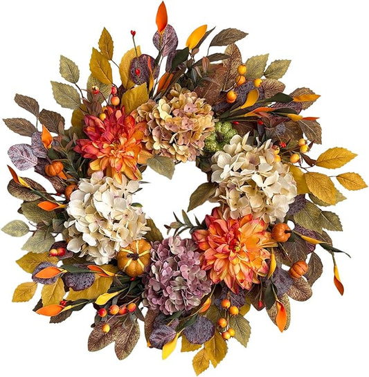 24Inch Fall Wreaths for Front Door,Fall Wreath with Beige Hydrangea,Orange Dahlia Artificial Flowers,Pumpkins,Autumn Wreaths for Harvest Thanksgiving Halloween Indoor Outdoor Home Decor-CasaMuseHome