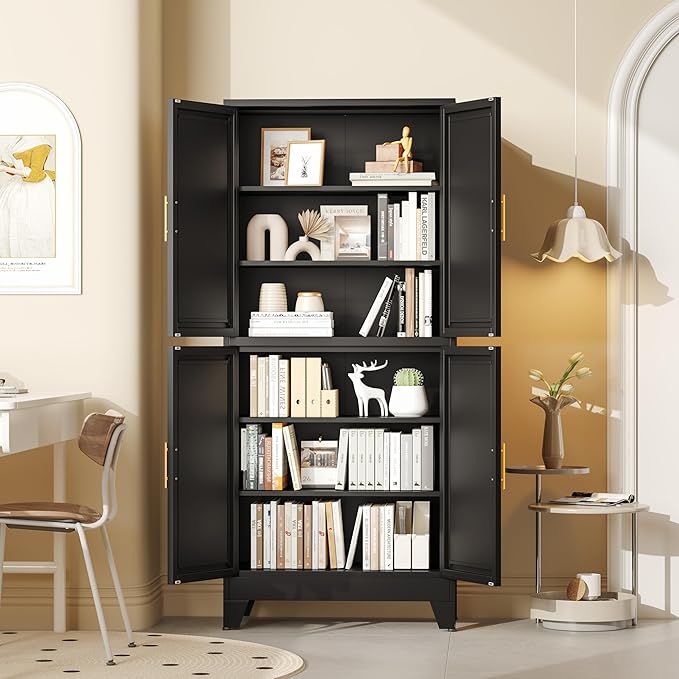 75.2" Tall Metal Pantry Cabinet, Storage Cabinets with 4 Door and 4 Adjustable Shelves, Black Kitchen Pantry Storage Cabinet, Freestanding Cupboard for Kitchen Dining Room Living Room Bathroom-CasaMuseHome