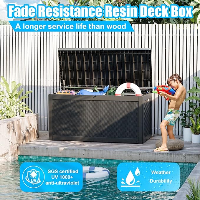260 Gallon Large Resin Deck Box, Lockable Outdoor Storage Box for Patio Cushions Storage Furniture,Garden Tools, Pool Supplies, Weatherproof and UV Resistant-Black Rattan (260 Gallon)-CasaMuseHome