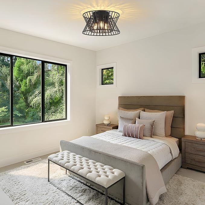 3-Lights Black Ceiling Light Vintage Geometric Chandelier Light Fixture Adjustable Metal Semi Flush Mount Lighting for Kitchen Room Dining Room Foyer-CasaMuseHome