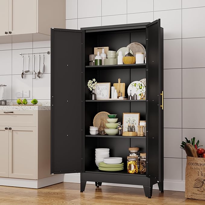 61" H Metal Kitchen Pantry Storage Cabinet, Freestanding Cupboard with 2 Doors and 3 Adjustable Shelves, Standing Storage for Kitchen, Bathroom, Garage, Dinning Room or Utility Room（Black）-CasaMuseHome