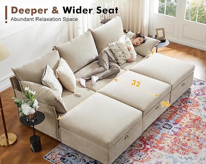 134.6" Oversized Modular Sectional Sofa, 6 Seater U Shaped Couch with Storage Ottoman with Reversible Chaise Deep Seat for Living Room, Apartment - Chenille Beige-CasaMuseHome