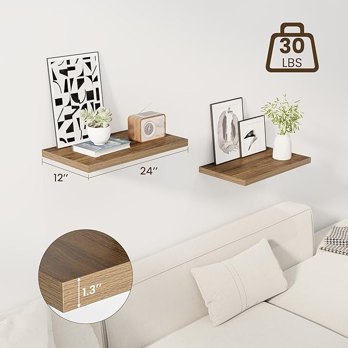 24" Floating Shelves for Wall, 12" Deep Slim Walnut Floating Shelves, Wall-Mounted Shelves for Bedroom, Living Room, Kitchen, Bathroom - Set of 2-CasaMuseHome