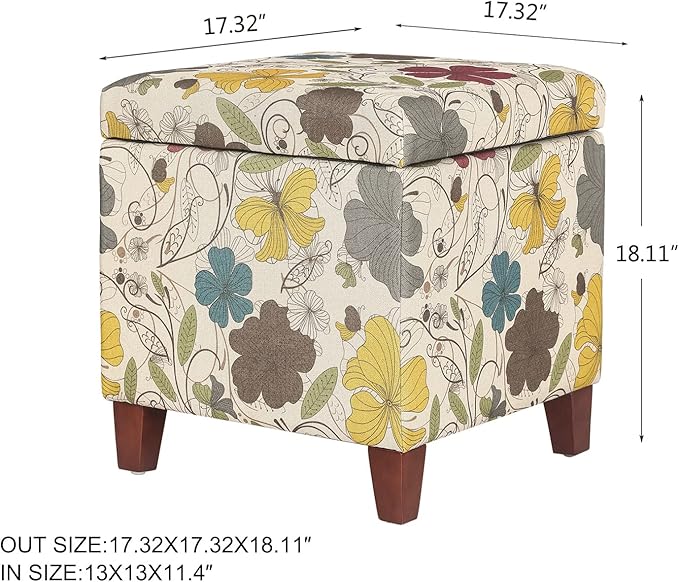 Adeco 18 Inch High Cube Ottoman Storage, Floral Printed Linen Chair Foot Stools, Upholstered Vanity Stool with Hinged Lid, Solid Wood Legs-CasaMuseHome