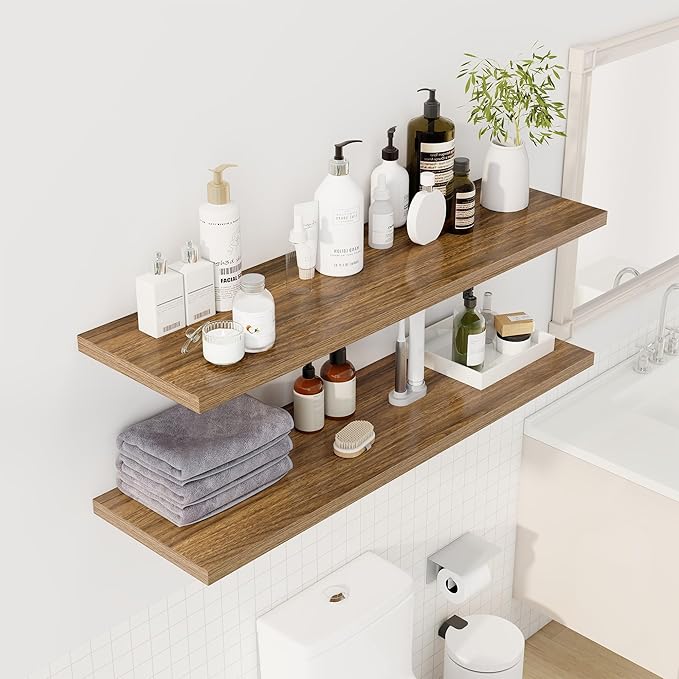 48" Floating Shelves for Wall, 12" Deep Slim Walnut Floating Shelves, Wall-Mounted Shelves for Bedroom, Living Room, Kitchen, Bathroom - Set of 2-CasaMuseHome