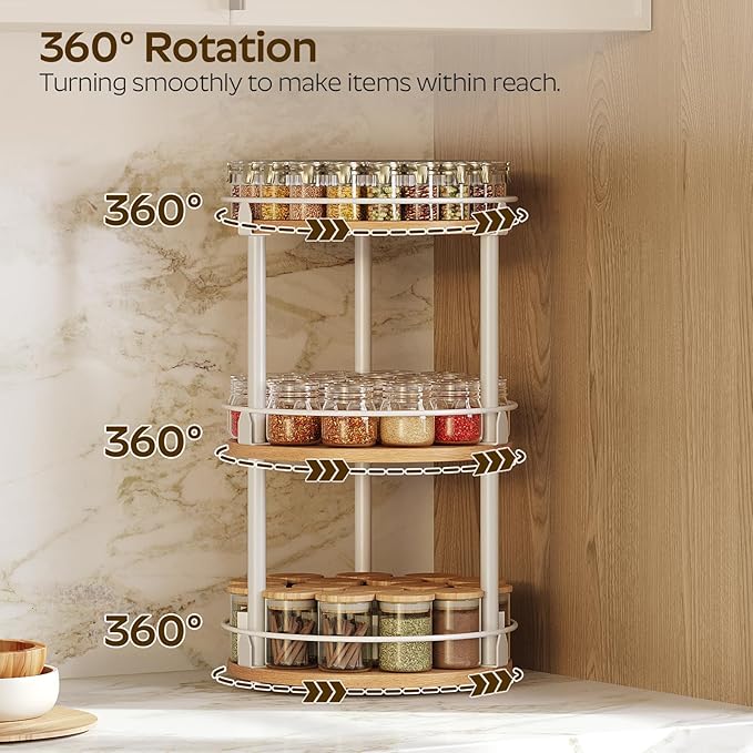 3-Tier Lazy Susan Organizer, Rotating Spice Rack, Spinning Organizer, Industrial Turntable Spice Rack Organizer for Cabinet, Kitchen Countertop, Pantry, White and Natural SR23WN-CasaMuseHome