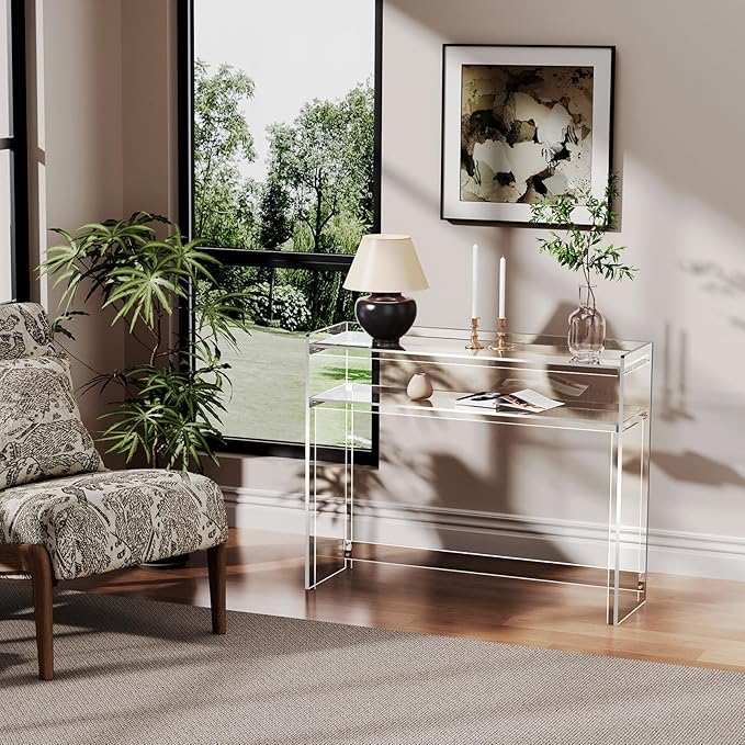 Acrylic Console Table, Entryway Table with Storage Shelves (1, 39.4 * 31.5 * 11.7) (Clear)-CasaMuseHome