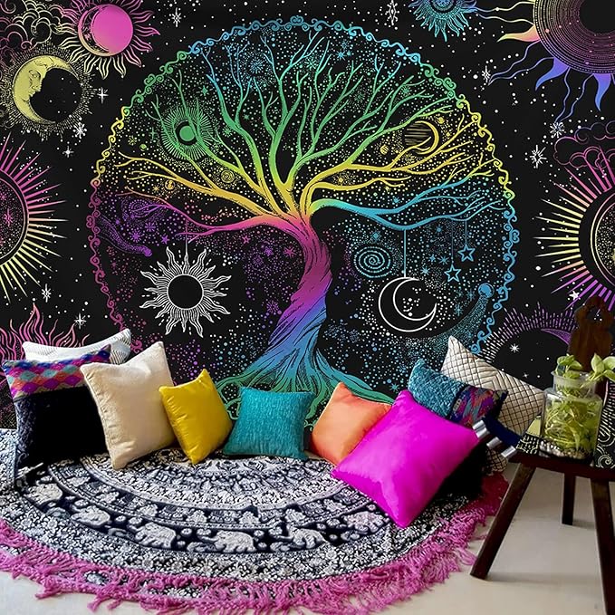 AACKart Blacklight Tapestry for Bedroom - Spiritual Tree of Life Wall Tapestry Glow in the Dark Wall Hanging 90.5 x 70.8 inches-CasaMuseHome