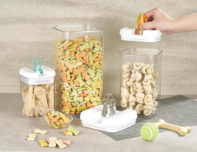 Felli Flip Tite Pet Food Container with Airtight Lids, BPA FREE Acrylic Canister with Paw Bone Fish Flip Top Handles for Cat Dog Kibble Treats Storage, Keep Fresh (Pet Collection Nest-L3pk)-CasaMuseHome