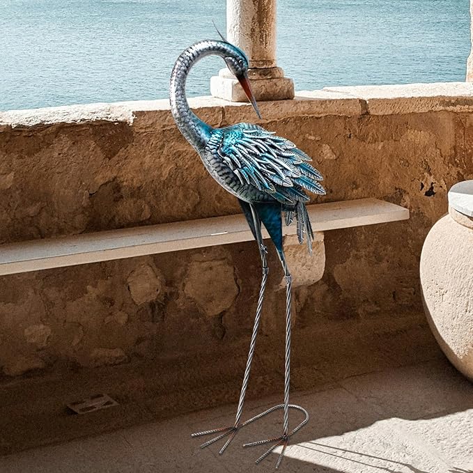 37 Inch Blue Heron Crane Statue, Metal Yard Art Outdoor Decoy, Garden Sculpture for Lawn/Pond Decoration, 1Pc, ORTBL-CR24053A-18-CasaMuseHome