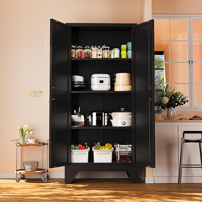 61" Tall Farmhouse Metal Pantry Cabinet, Kitchen Pantry Storage Cabinets with 2 Barn Door and Adjustable Shelves,Metal Pantry Storage Cabinet,for Kitchen,Laundry Room,Home Office,Kids Room (Black)-CasaMuseHome