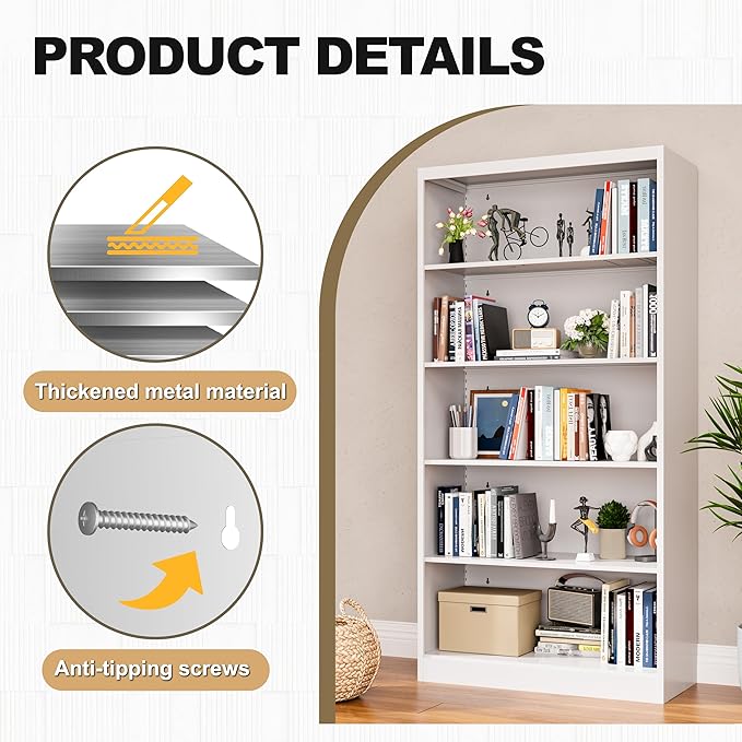 66" Tall Metal Bookcase, 5 Shelf White Bookcase with Adjustable Shelves, Large Bookshelves and Bookcases, Modern Book Shelf Storage Organizer for Living Room, Home Office, Library-CasaMuseHome