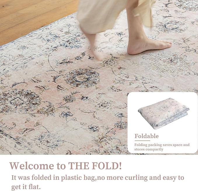 5'x7' Vintage Floral Rug - Persian Inspired Low-Pile Faux Wool Area Rug, Non-Slip Washable Rug for Bedroom, Nursery, Dorm, Soft Pink Boho Chic Decor-CasaMuseHome