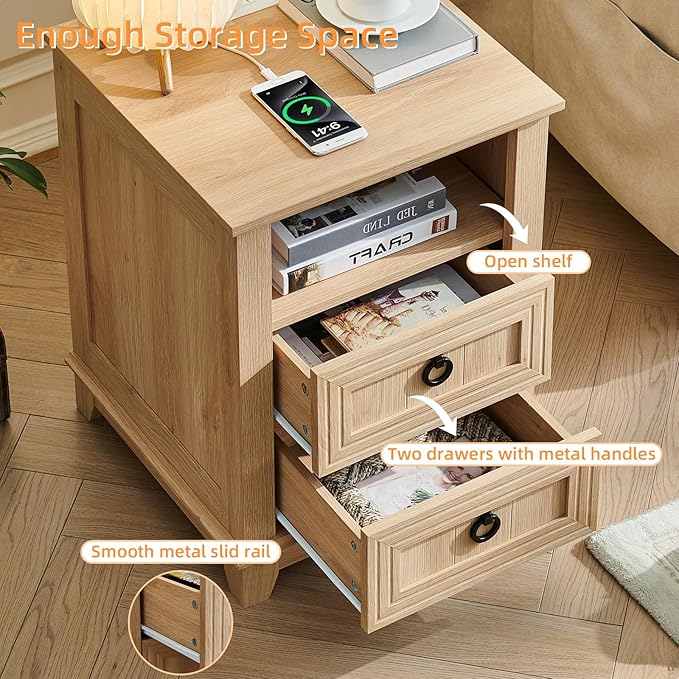 18" Farmhouse Night Stands Set of 2 with Charging Station, 2 Drawers Bedside End Table, Natural Wooden Nightstand, Bed Side Table Cabinet with Open Shelf for Bedroom Living Room Office-CasaMuseHome