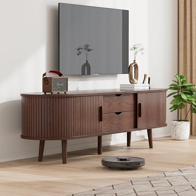 55" Mid Century TV Stand, Fluted TV Stand Fits 32" to 60" TVs. Wood Entertainment Center for Living Room, Farmhouse Modern TV and Media Console Table with Storage, Curved Edge and Sliding Door, Walnut-CasaMuseHome