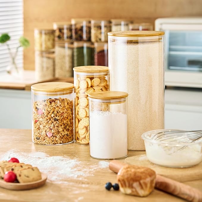 32oz & 21oz - 4 Pack Glass Jars with Bamboo Lids, Glass Pantry Storage Containers with Airtight Lids, Round Air Tigh Food Storage Canisters for Cereal, Pasta, Flour, Sugar, Best for Kitchen Organizer-CasaMuseHome