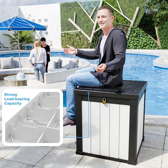50 Gallon Deck Box Large Outdoor Storage for Patio Furniture,Outdoor Cushions,Garden Tools and Pool Supplies,Waterproof,Resin,Lockable(Black&White)-CasaMuseHome