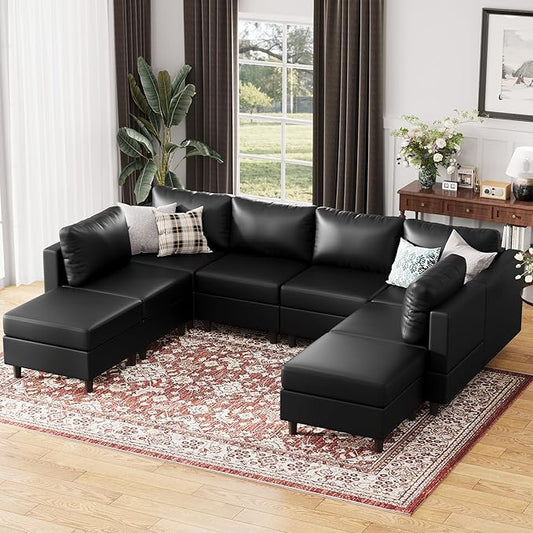 ABCASA 118.5" Faux Leather Modular Sectional Sofa, Modern Large 8 Seater U Shaped Couch with Storage Seat with Reversible Chaise Deep Seat for Living Room DIY Combination - Black-CasaMuseHome