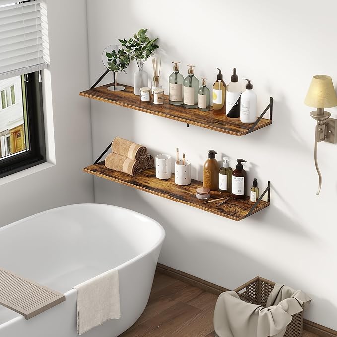 12 Inch Deep Floating Shelves,48W x 12D Floating Shelves, Deep Wall Shelves Bracket Set of 2, Large Display Floating Shelf for Bathroom, Living Room, Wide Storage Wooden Wall Shelf, Rustic Brown-CasaMuseHome