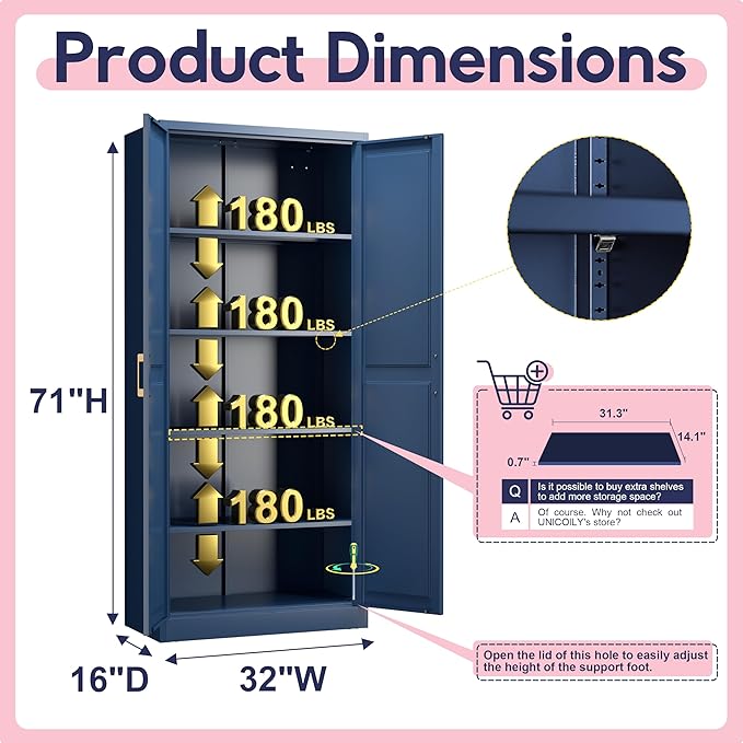 71" Storage Cabinet, Metal Pantry Cabinet, Kitchen Pantry Storage Cabinets with Doors and 4 Shelves, Cabinets for Laundry Room, Living Room, Dinning Room, Assembly Required, Blue-CasaMuseHome