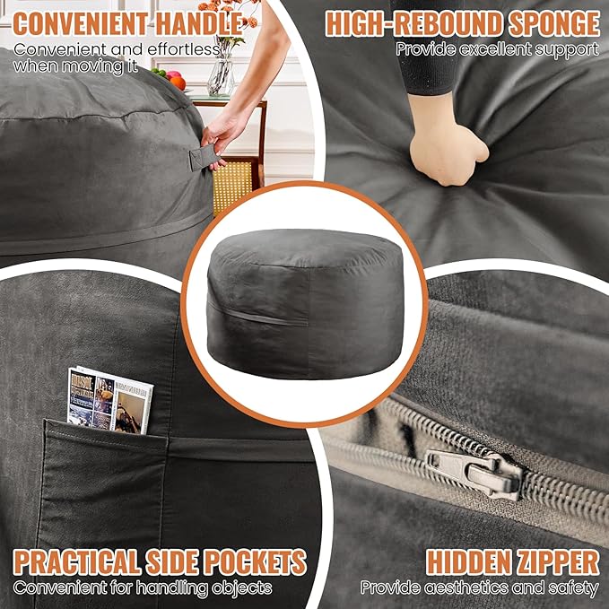 4FT Bean Bag Chair: Bean Bag with Velvet Cover, Fluffy and Comfy Bean Bag Chairs for Adults and Kids, Bean Bag Sofa Filled with High-Density Sponge for Gaming (Grey)-CasaMuseHome