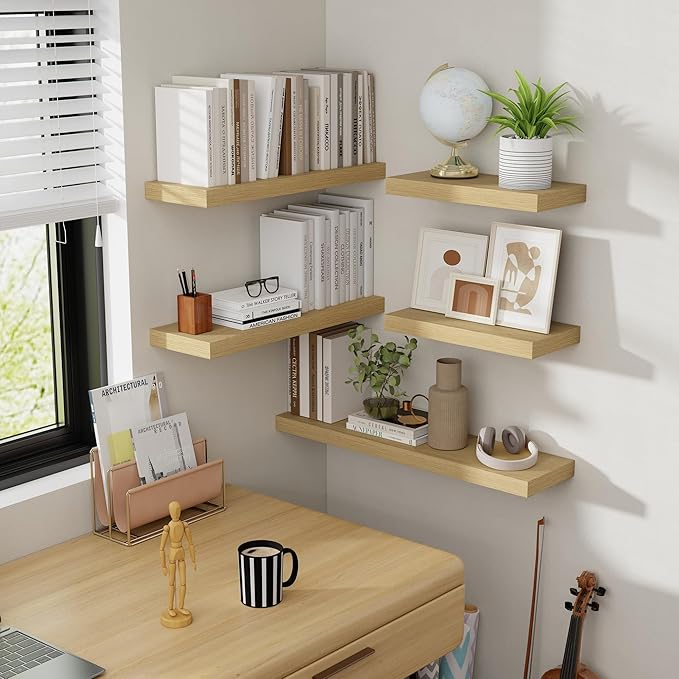 16 Inch Floating Shelves, 8 Inch Deep Floating Shelves for Wall, Hanging Shelf with Invisible Brackets, Deep Shelves for Bathroom, Bedroom, Living Room, Oak, Set of 2-CasaMuseHome