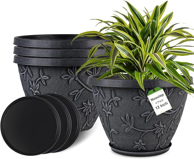 4 Pack 12 Inch Large Flower Pots for Outdoor Indoor, Plastic Plant Pots with Drainage Hole & Saucer, Modern Decorative Garden Pot, Imitation Magnolia Pots for Garden House Planters（Gray）-CasaMuseHome