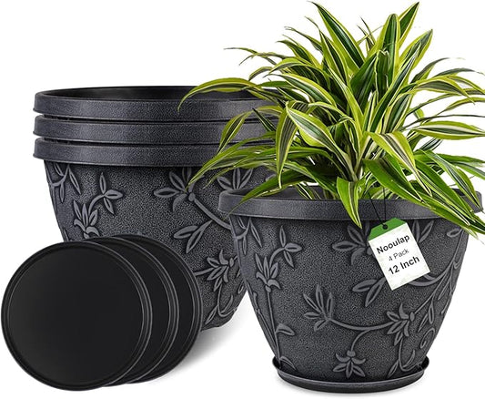 4 Pack 12 Inch Large Flower Pots for Outdoor Indoor, Plastic Plant Pots with Drainage Hole & Saucer, Modern Decorative Garden Pot, Imitation Magnolia Pots for Garden House Planters（Gray）-CasaMuseHome