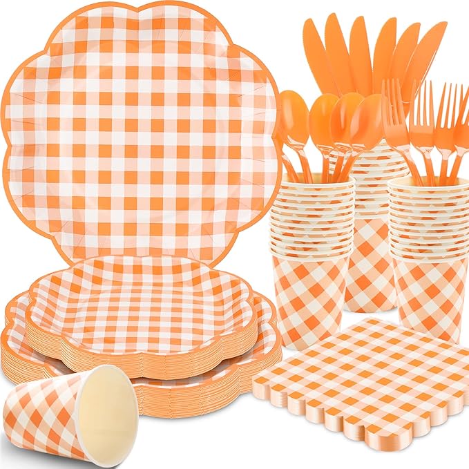 175 Pcs Orange and White Gingham Party Supplies - Orange Gingham Paper Plates and Napkins Sets Serve 25 - Scalloped Checkered Plates for Birthday Picnic Fall Halloween Thanksgivng Party Decorations-CasaMuseHome