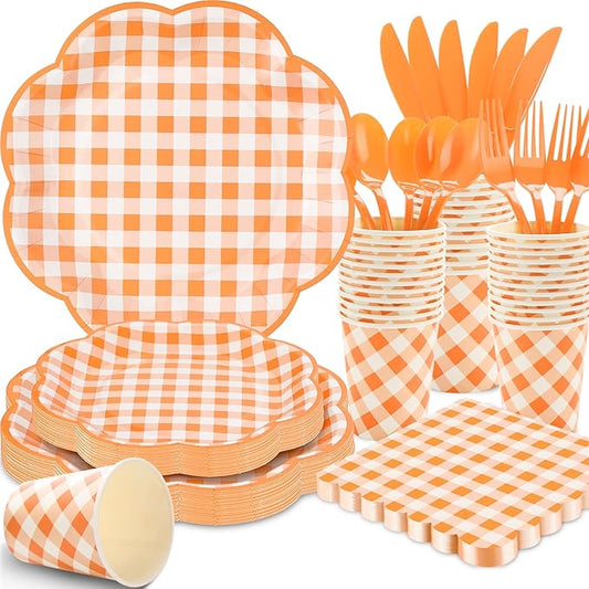 175 Pcs Orange and White Gingham Party Supplies - Orange Gingham Paper Plates and Napkins Sets Serve 25 - Scalloped Checkered Plates for Birthday Picnic Fall Halloween Thanksgivng Party Decorations-CasaMuseHome
