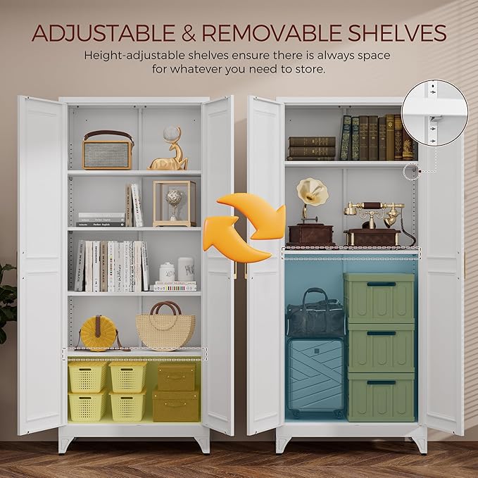 75" Kitchen Pantry Cabinet, White Metal Storage Cabinets with 2 Doors and 4 Adjustable Shelves, Tall Pantry Storage Cabinet for Kitchen, Dining Room, Living Room-CasaMuseHome