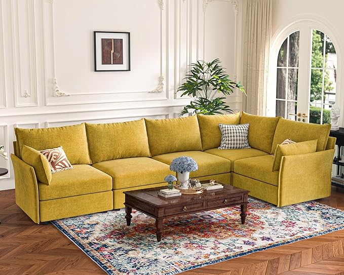 135.5" Oversized Modular Sectional Sofa, L Shaped Convertible Couch with Movable Ottoman, 5 Seat Corner Couches for Living Room Deep Seat Yellow Chenille-CasaMuseHome