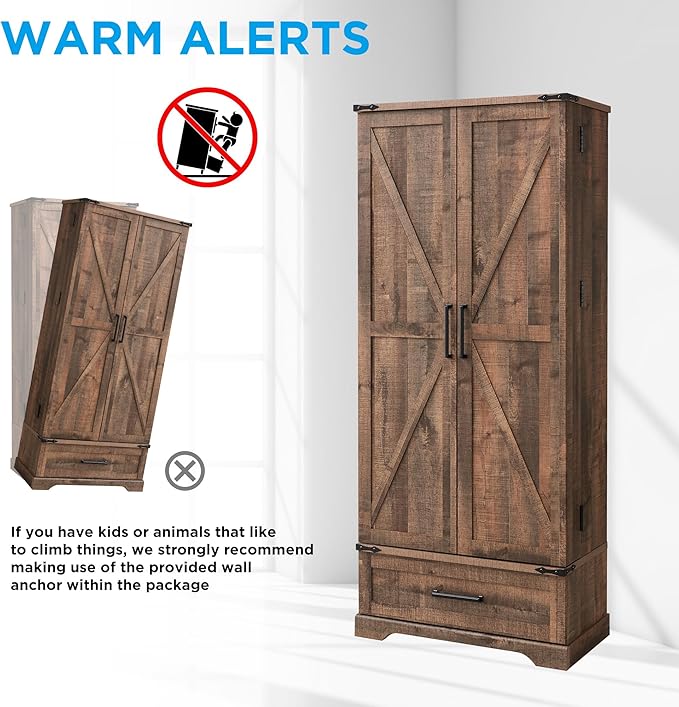 72" Farmhouse Kitchen Pantry Cabinet With Drawer, Tall Storage With 2 Barn Doors and Shelves, Versatile Large Rustic for Dining Room, Bathroom, Living Room, Rustic Brown-CasaMuseHome