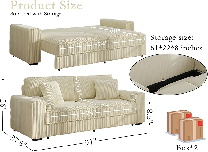 91-Inch Corduroy Pull Out Couch with Storage, Convertible Queen Sleeper Sofa with Pull Out Bed, Hide a Bed Couches for Bedroom, Guest Room, Apartment, Small Places, RV (Beige)-CasaMuseHome