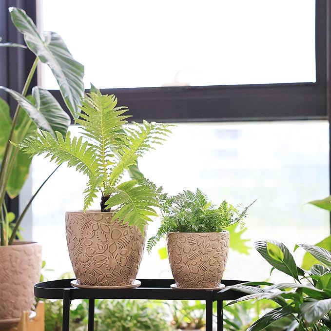 8 Inch + 6 Inch Retro Ceramic Planter Set of 2 with Drainage Hole and Saucer for Multiple Plants, Indoor-Outdoor Garden Pots for Succulent, Orchid, and Flower (Retro Peach)-CasaMuseHome