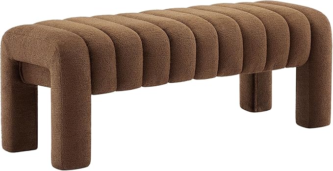43.3" Bedroom Bench, Upholstered Entryway Bench, Modern End of Bed Ottoman with Solid Wood Legs and Adjustable Foot Pegs for Entryway, Dining Room and Living Room (Brown Boucle)-CasaMuseHome