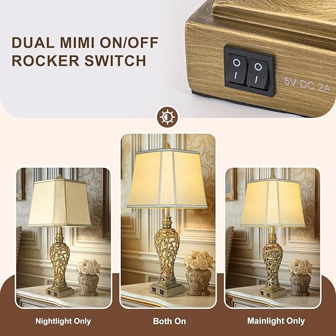 28.5'' Table Lamps Set of 2 for Living Room, Vintage Bedside Lamps with USB A+C Ports & Nightlight, Farmhouse Nightstand Lamps with Faux Silk Shade for Bedroom, Study Room, Office (LED Bulbs Included)-CasaMuseHome