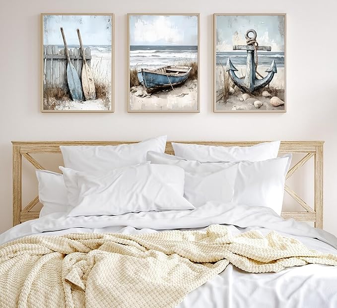 3Pcs Nautical Beach Wall Art Sailboat Paddle and Anchor Paintings Pictures Wall Decor Nautical Coastal Posters Prints Artwork for Living Room Bedroom Home Office Corridor Home Decroation Unframed-CasaMuseHome