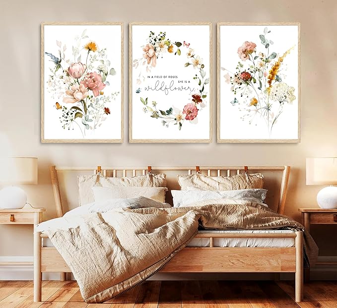3Pcs Pink Flowers Canvas Wall Art In A Field Of Roses She Is A Wildflower Painting Picture Decor Watercolor Wreath Poster Print Artwork for Nursery living room Girls Room Home Decoration Unframed-CasaMuseHome