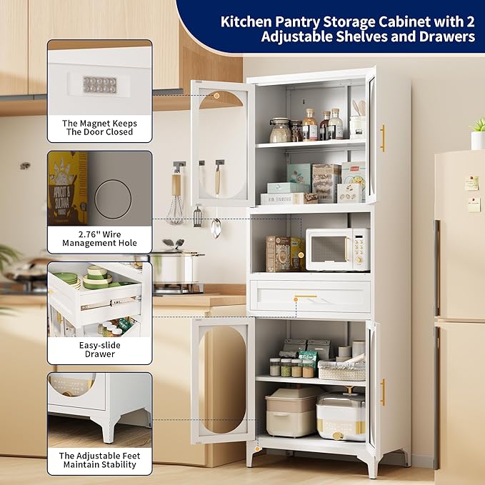 75” Tall Kitchen Pantry Storage Cabinet, Metal Storage Cabinet with 1 Drawer and Adjustable Shelves, Kitchen Pantry Cupboard, Freestanding Cupboard for Bathroom, Living Room (White-Glass Door)-CasaMuseHome