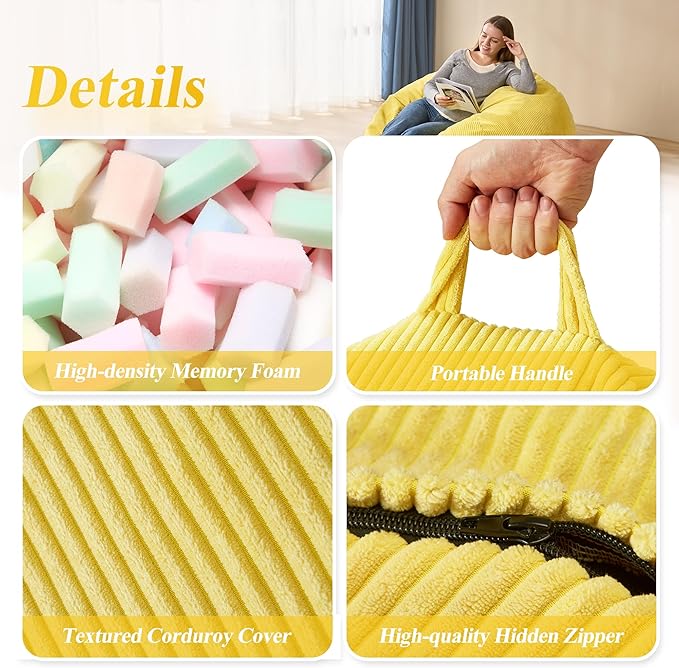 3.5FT Bean Bag Chairs Teardrop Bean Bag Chair for Adults Beanbag Chair with Memory Foam Filled Machine Washable Cover for Living Room, Bedroom (Large,Yellow)-CasaMuseHome