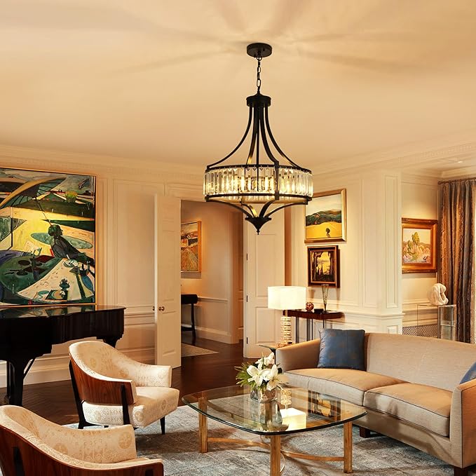 20" Modern Farmhouse Crystal Chandeliers for Dining Room, 5-Light Black Antique Pendant Chandelier, Contemporary Hanging Light Fixture for Living Room Bedroom Foyer Kitchen Island Entryway-CasaMuseHome