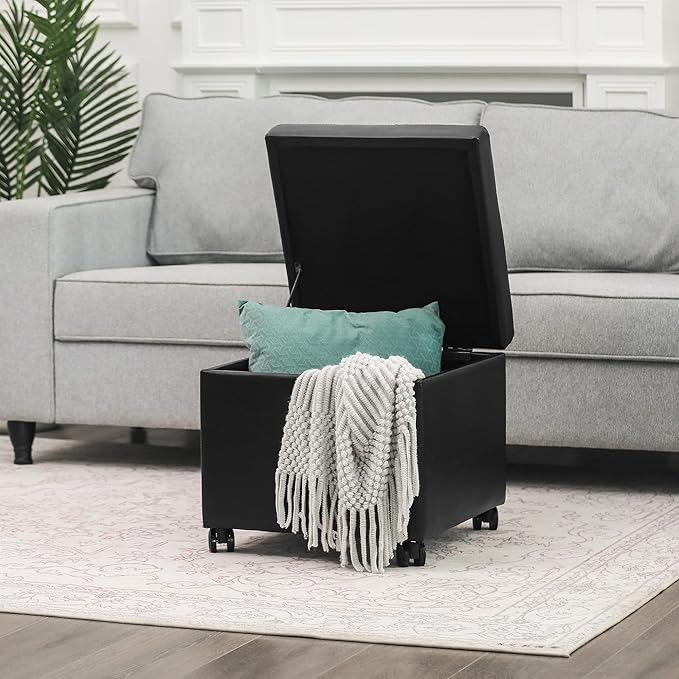 Adeco 17.7" Leather Ottoman with Wheels, Black Square Rolling Ottoman with Storage, Upholstered Button Tufted Vanity Stool with Hinged Lid for Living Room, Bedroom, Dorm-CasaMuseHome