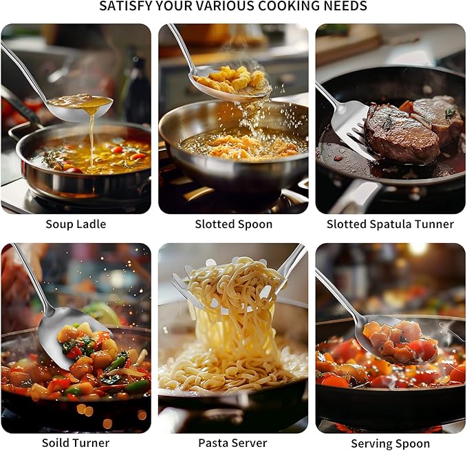304 Stainless Steel Cooking Utensils,6 Pcs Kitchen Cooking Utensils Set with Spatula, Solid Spoon, Ladle, Skimmer, Spaghetti Spoon,Dishwasher Safe-CasaMuseHome