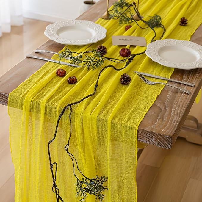 6pcs Yellow Gauze Rustic Cheesecloth Table Runner 120 Inch 10 FT for Wedding Baby Shower Bridal Shower Birthday Engagement Garden Outdoor Party Long Sheer Boho Decorations-CasaMuseHome