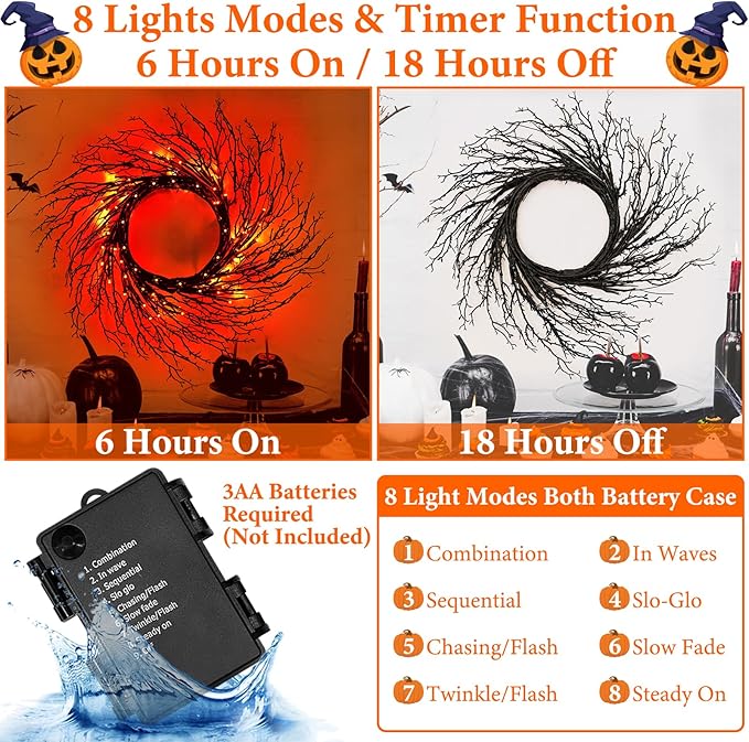 7 Ft Halloween Decorations Willow Vine Twig Garland with 8 Modes Timer 63 LED Orange Lights, Halloween Garland with Waterproof Battery Operated for Wall Fireplace Decorations Indoor Outdoor-CasaMuseHome